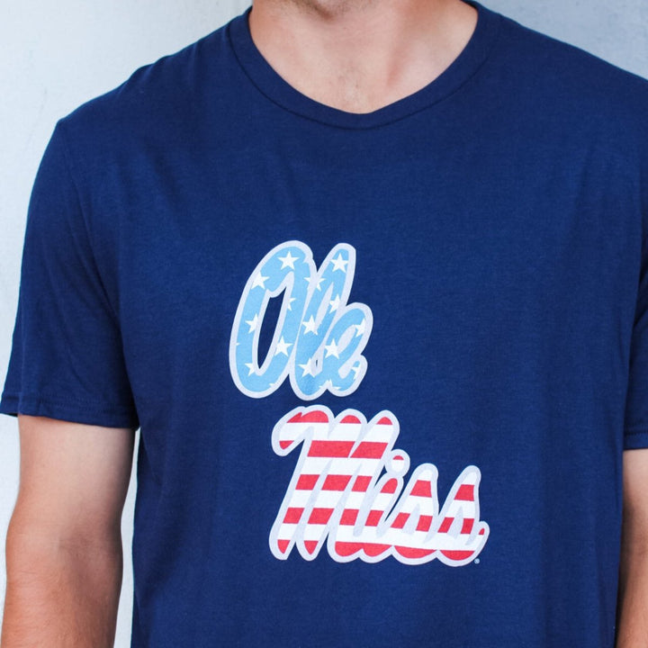 4th of July Ole Miss Helmet Script T-Shirt - Shop B - Unlimited - men tee