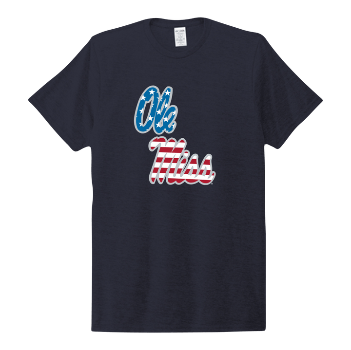 4th of July Ole Miss Helmet Script T-Shirt - Shop B - Unlimited - men tee