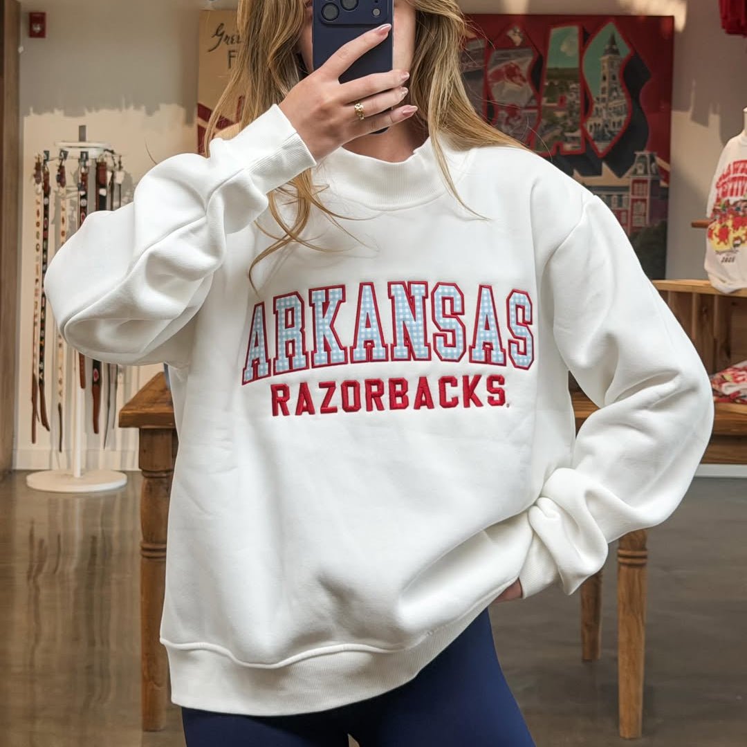 Arkansas Gingham Mock Neck - Game Day Apparel -