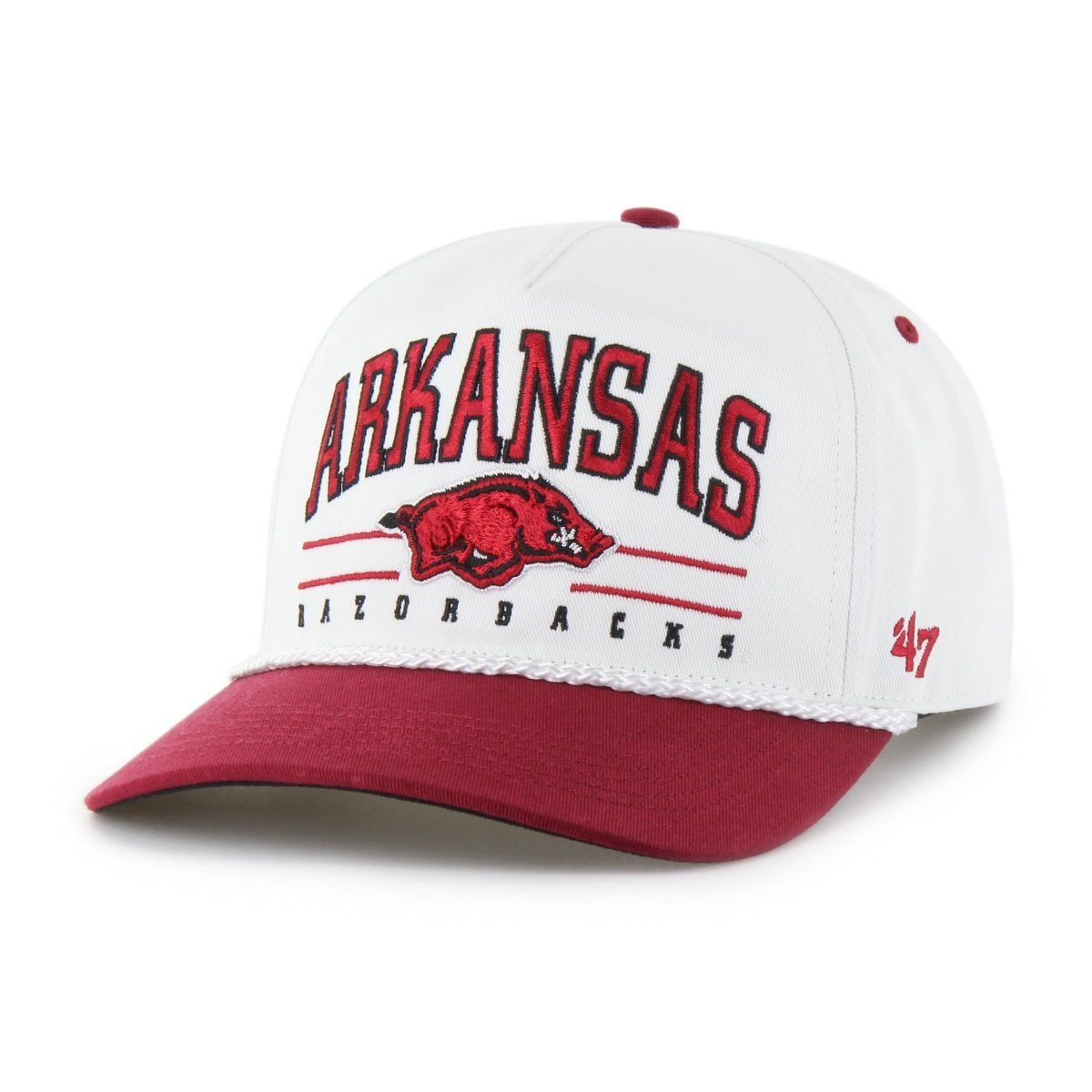 Arkansas Razorbacks White Roscoe Rope TT 47 Brand Hitch Hat - Shop B - Unlimited - caps adjustable