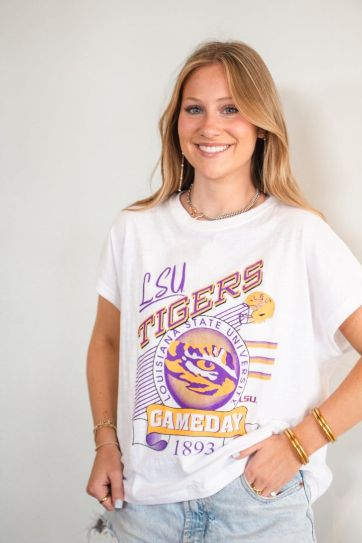 LSU Pressbox Cap Sleeve Calgary Tee - Shop B - Unlimited - women crop