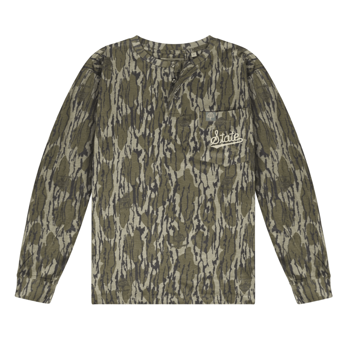 MSU Mossy Oak State Script Camp Henley - Game Day Apparel - men tee