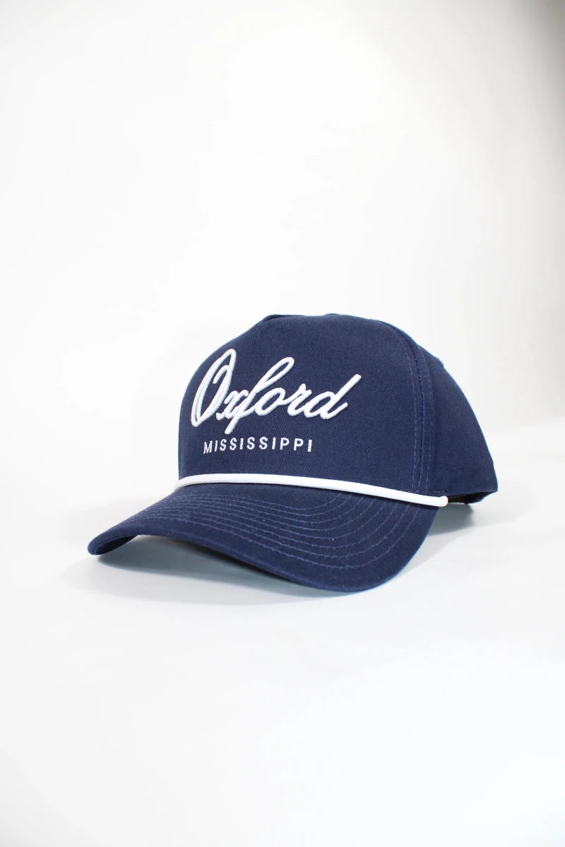 Navy Blue Oxford, Mississippi Rope Hat - Game Day Apparel - Caps Adjustable