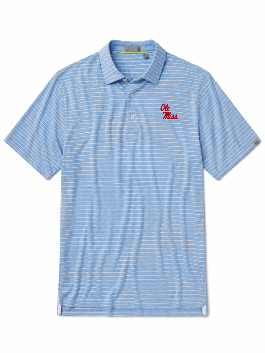 Ole Miss Helmet Script Tasc Cloud Brookline Stripe Polo - Game Day Apparel - Polos