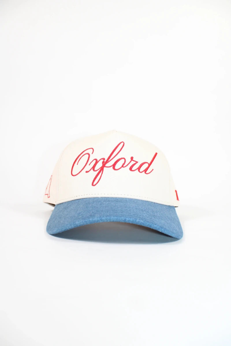 Ole Miss Oxford Script Cream & Denim Hat - Game Day Apparel - Caps Adjustable