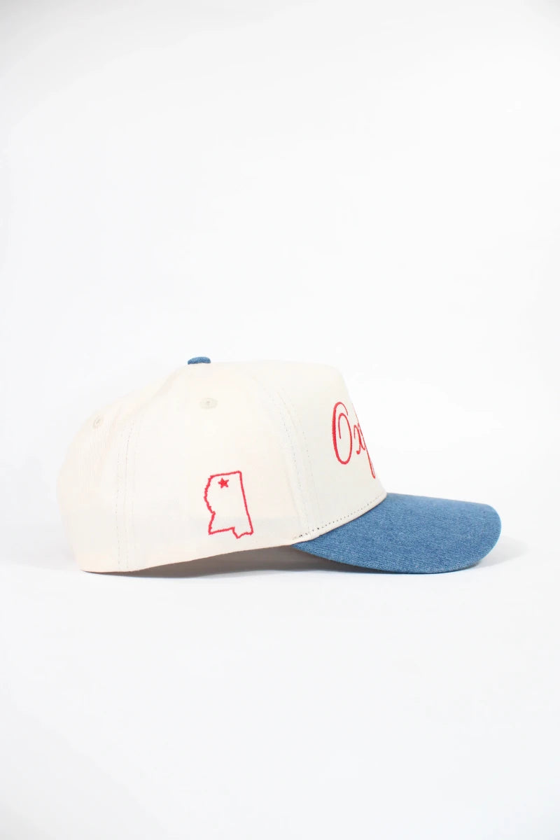 Ole Miss Oxford Script Cream & Denim Hat - Game Day Apparel - Caps Adjustable