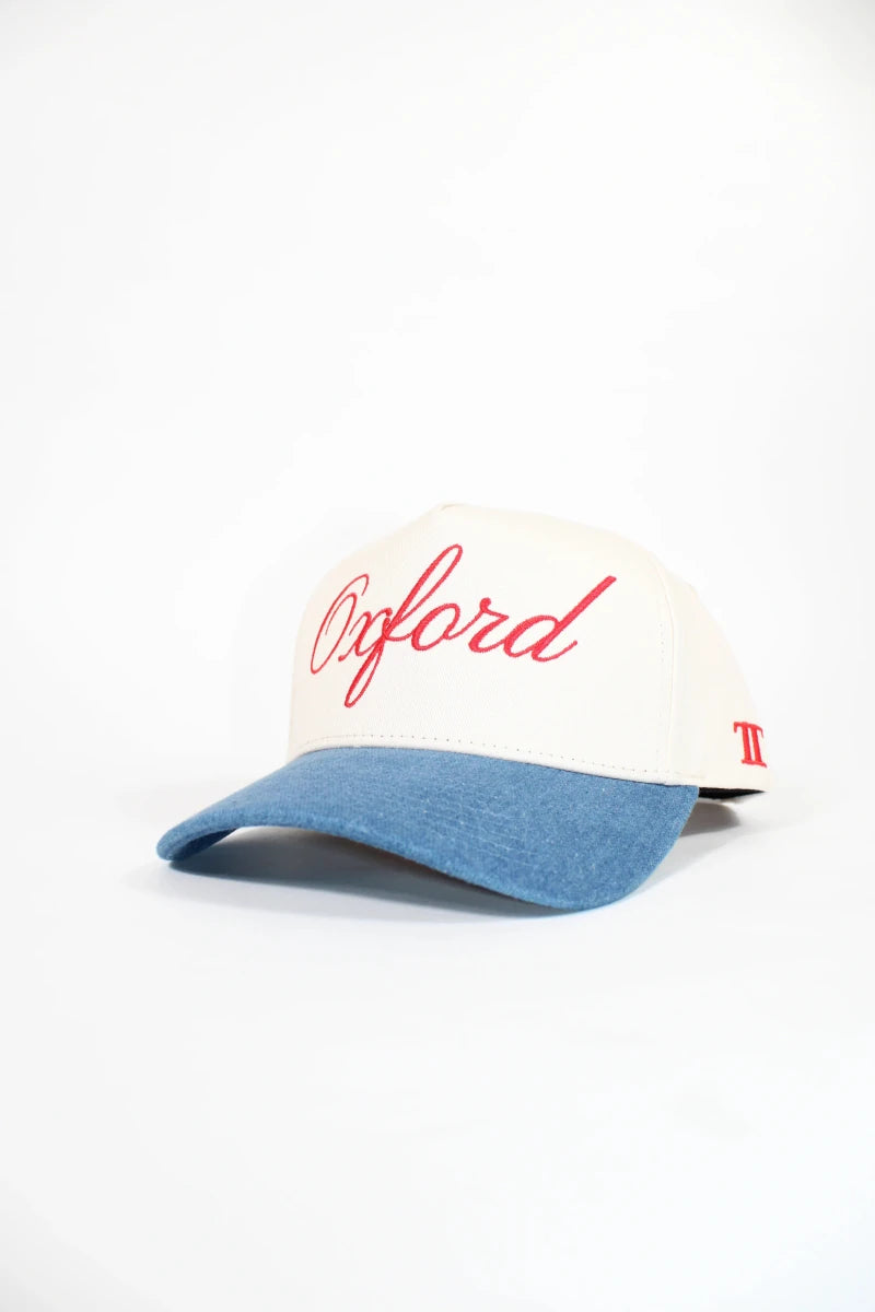 Ole Miss Oxford Script Cream & Denim Hat - Game Day Apparel - Caps Adjustable