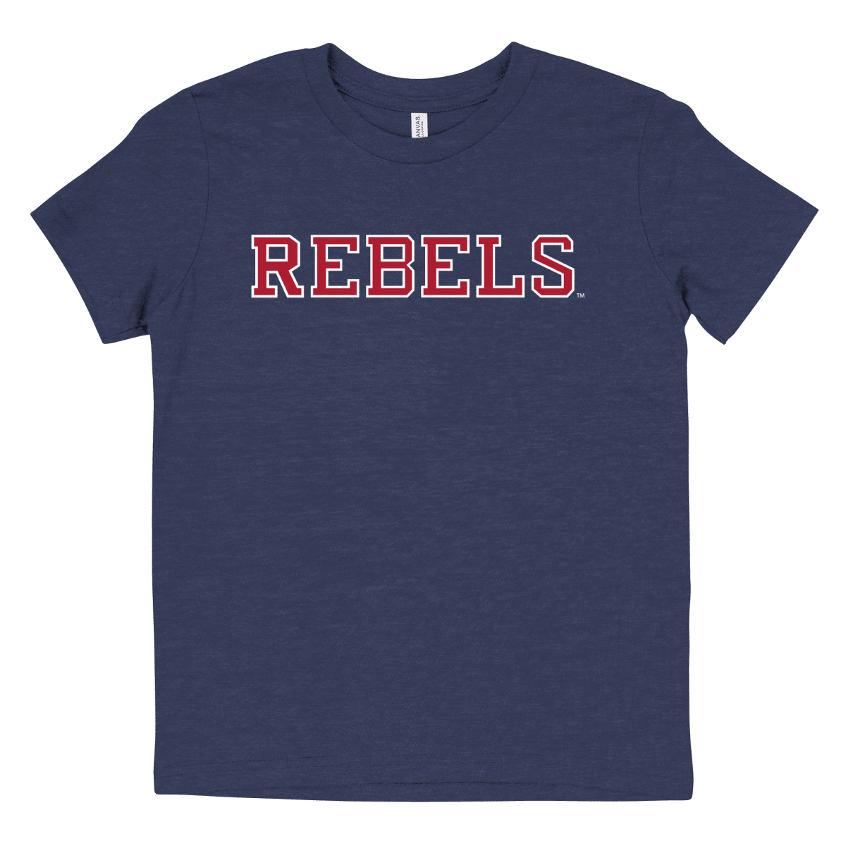 A heather navy blue short-sleeve t-shirt with the word 'REBELS' printed across the chest in red varsity-style letters with a white outline.