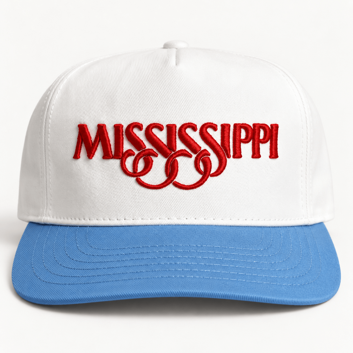 State of Mississippi Hat - White and Powder Blue - Game Day Apparel - Caps Adjustable