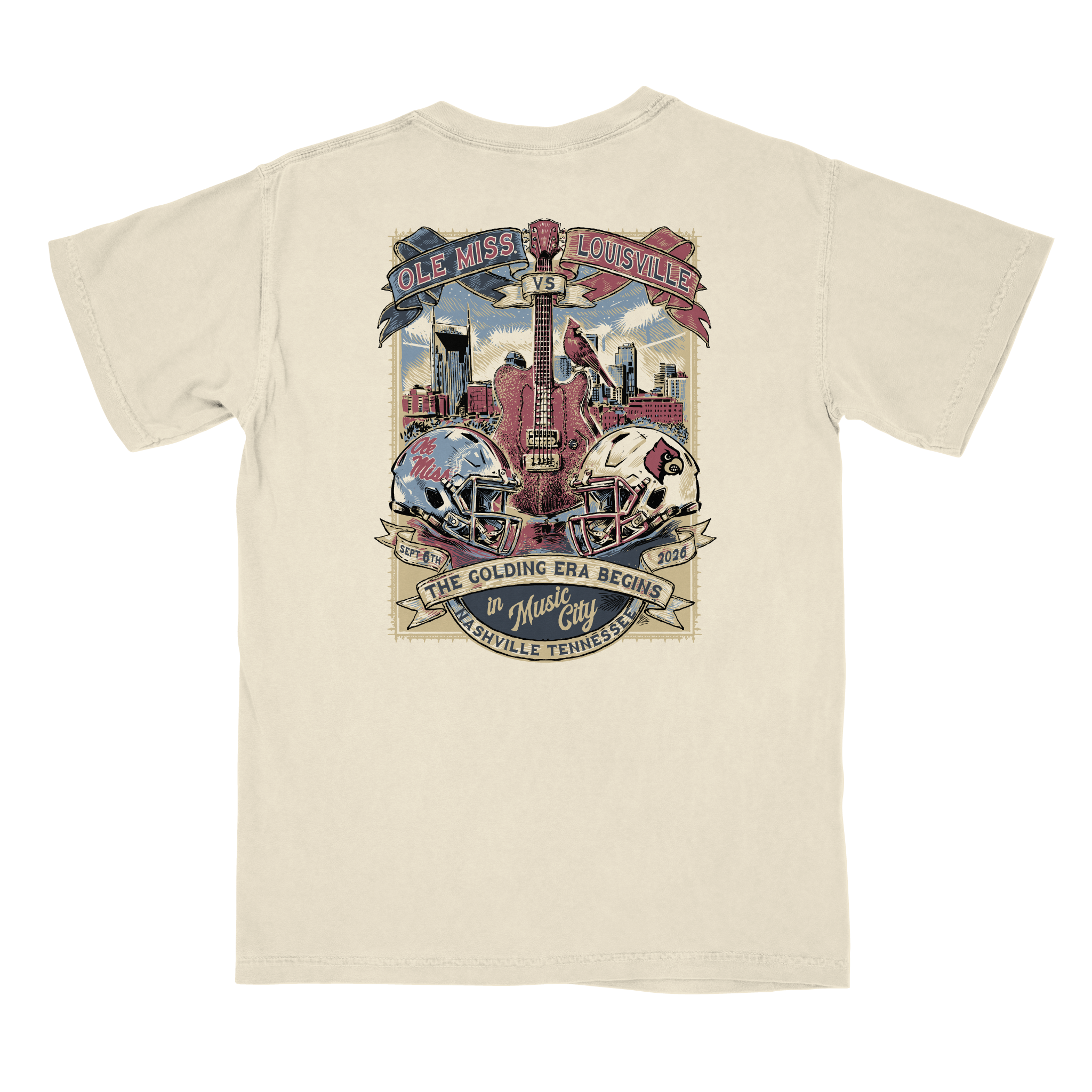 An off-white short-sleeve t-shirt with a large graphic print on the back, featuring football helmets, a guitar, and banners with text celebrating the 'Golding Era Begins in Music City' and 'Ole Miss Rebels'.