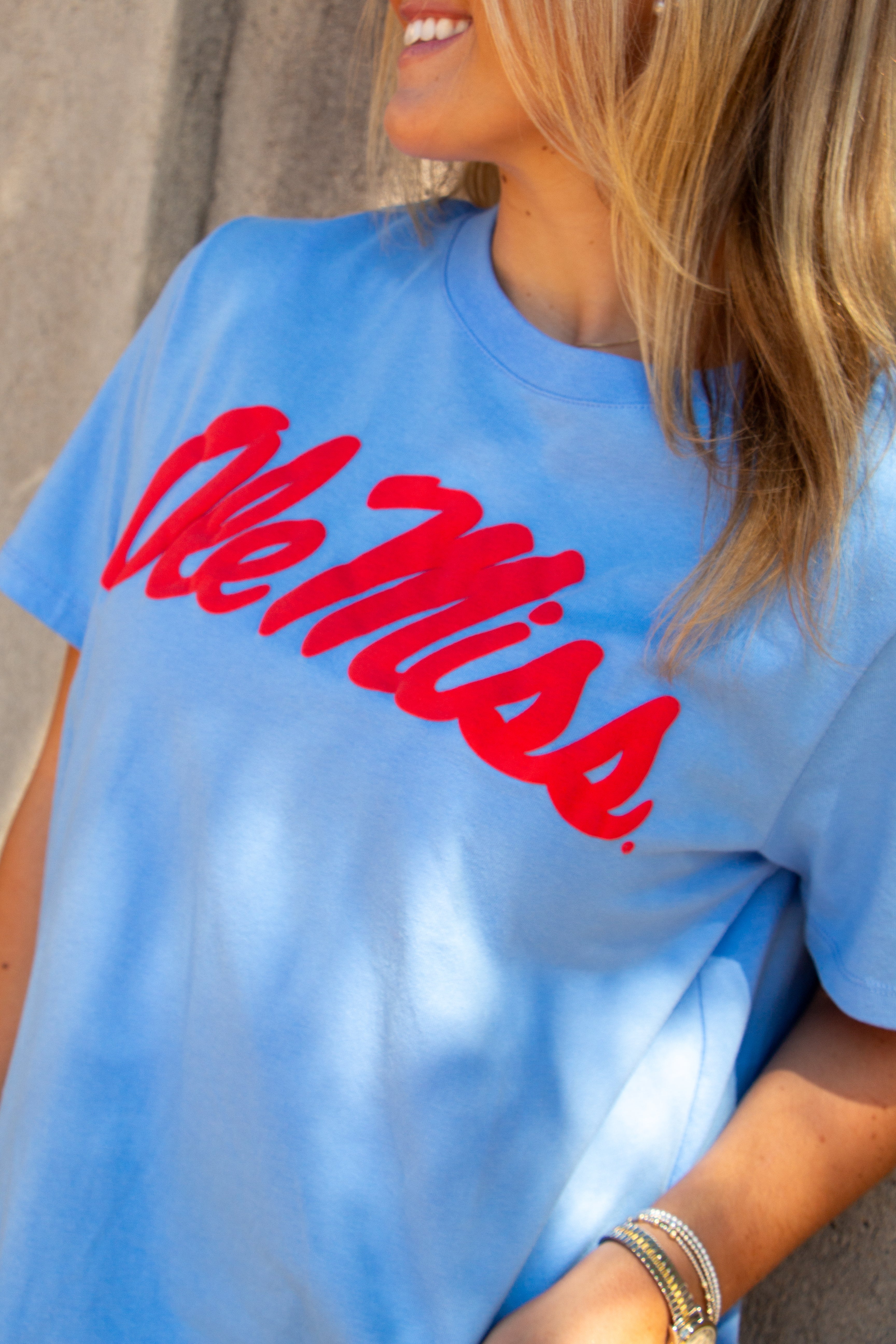 Ole Miss Light Blue Script Boxy Crop T-Shirt