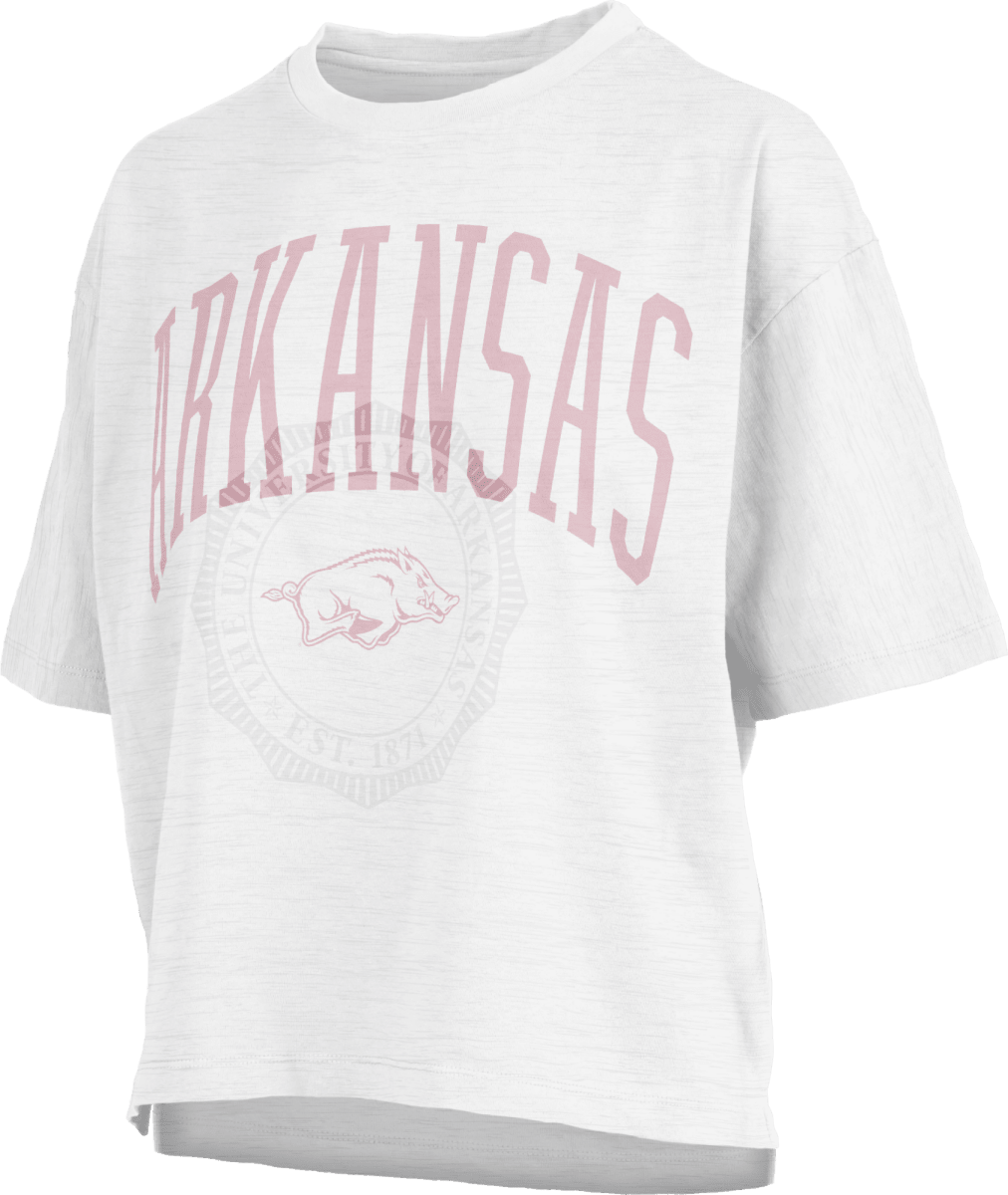Arkansas Pressbox Lawrence Waist Length Motley Crew T-Shirt - Game Day Apparel - women crop