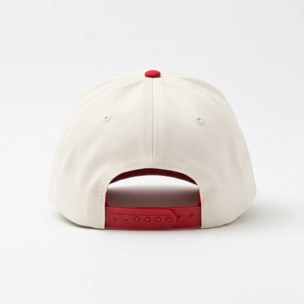 The back view of a structured baseball cap in off-white with a red button on top and a red adjustable strap closure.