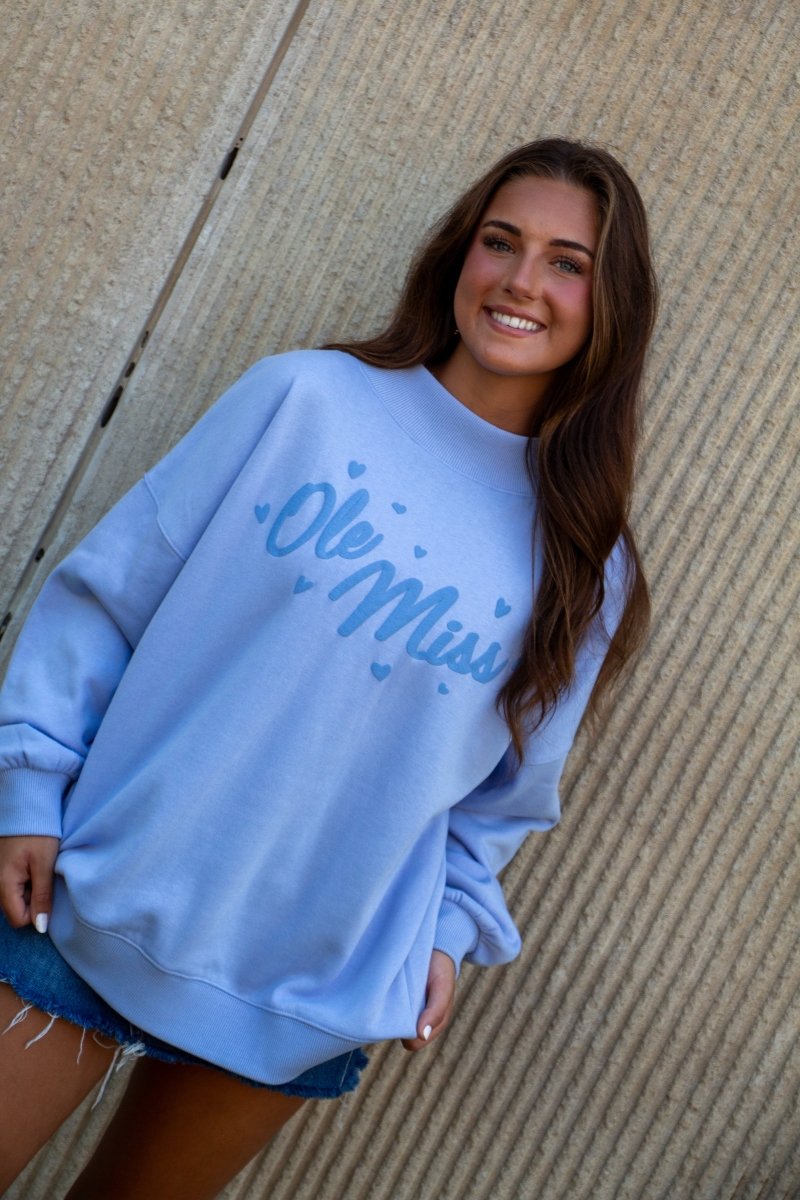 Hearts for Ole Miss Mock Neck Crew Sweatshirt - Game Day Apparel - Sweatshirts