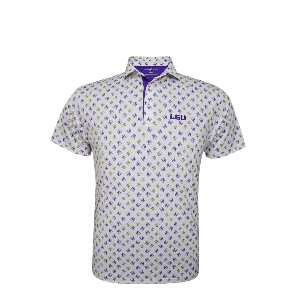 LSU Horn Legend Purple and Gold Drink Pattern Polo - Shop B - Unlimited - men resort