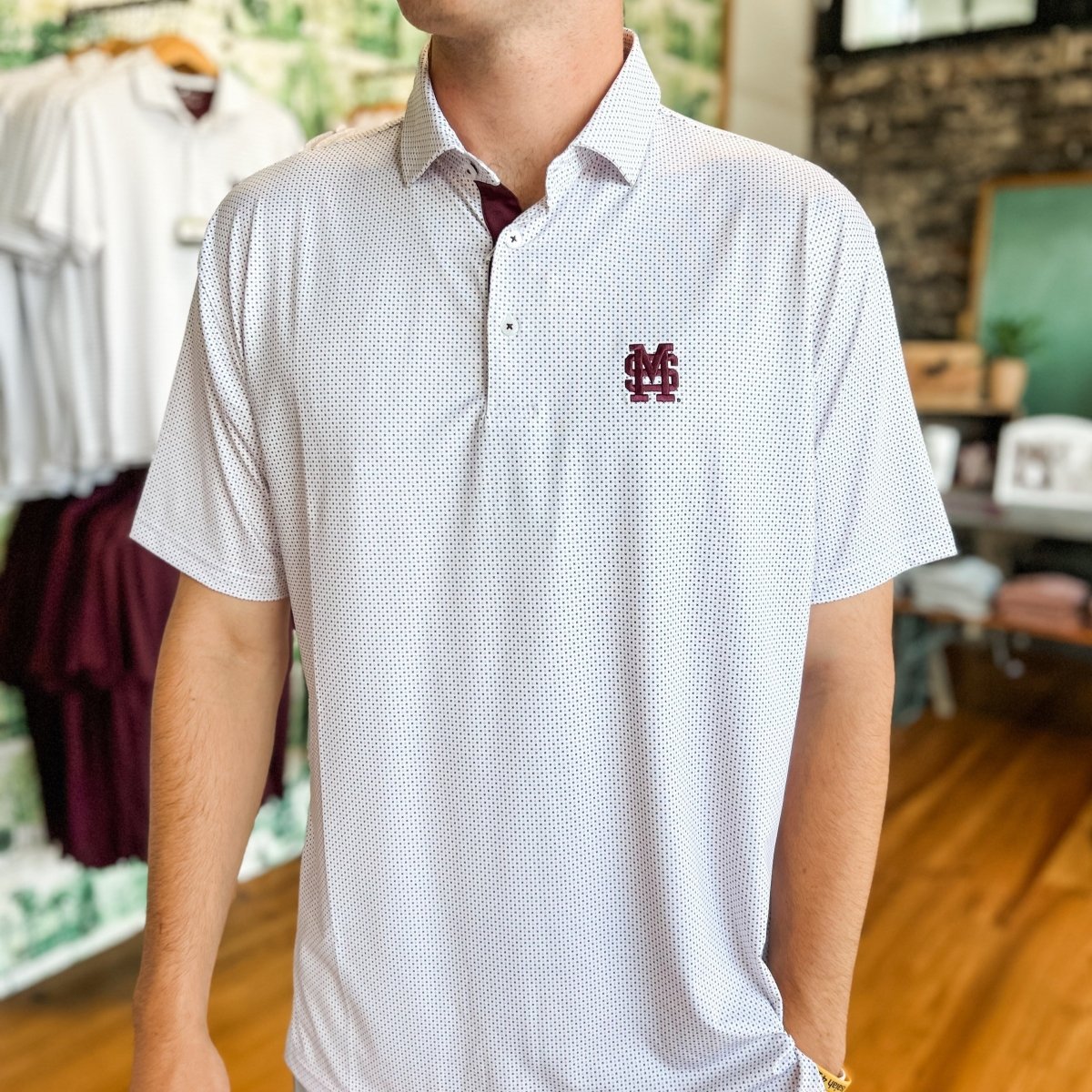 MSU Horn Legend M over S Dot Pattern Polo - Shop B - Unlimited - men resort