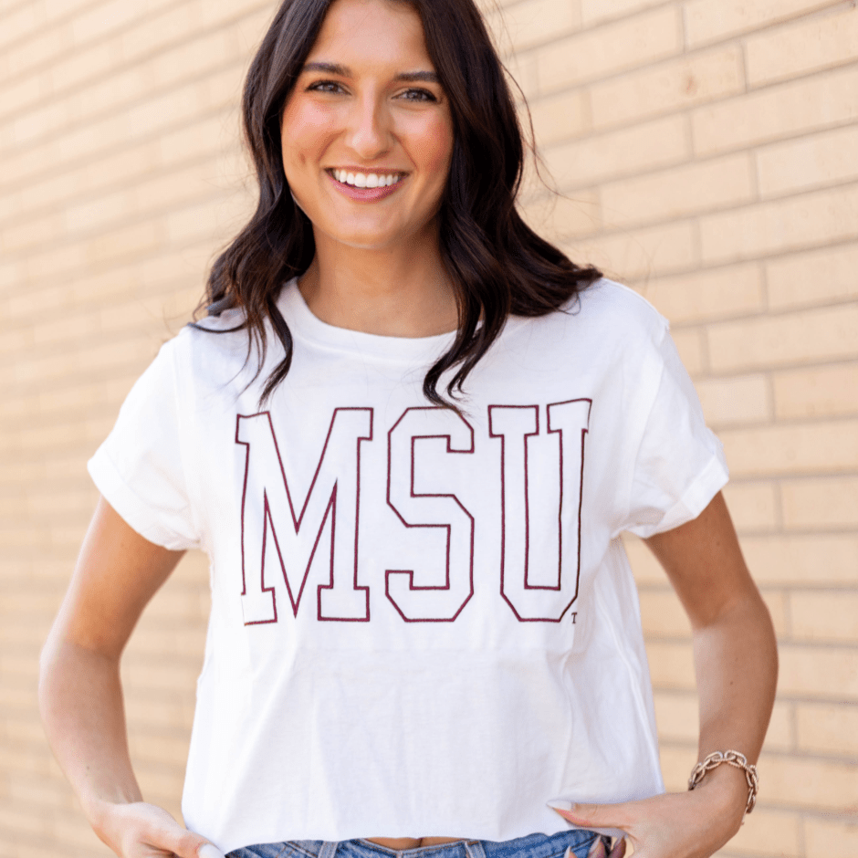 MSU Outline Cropped Cuff T-Shirt - Shop B - Unlimited - women tee