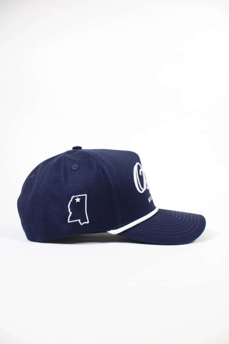 Navy Blue Oxford, Mississippi Rope Hat - Game Day Apparel - Caps Adjustable
