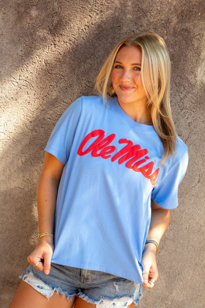 Ole Miss Light Blue Script Boxy Crop T-Shirt - Game Day Apparel - T-Shirts