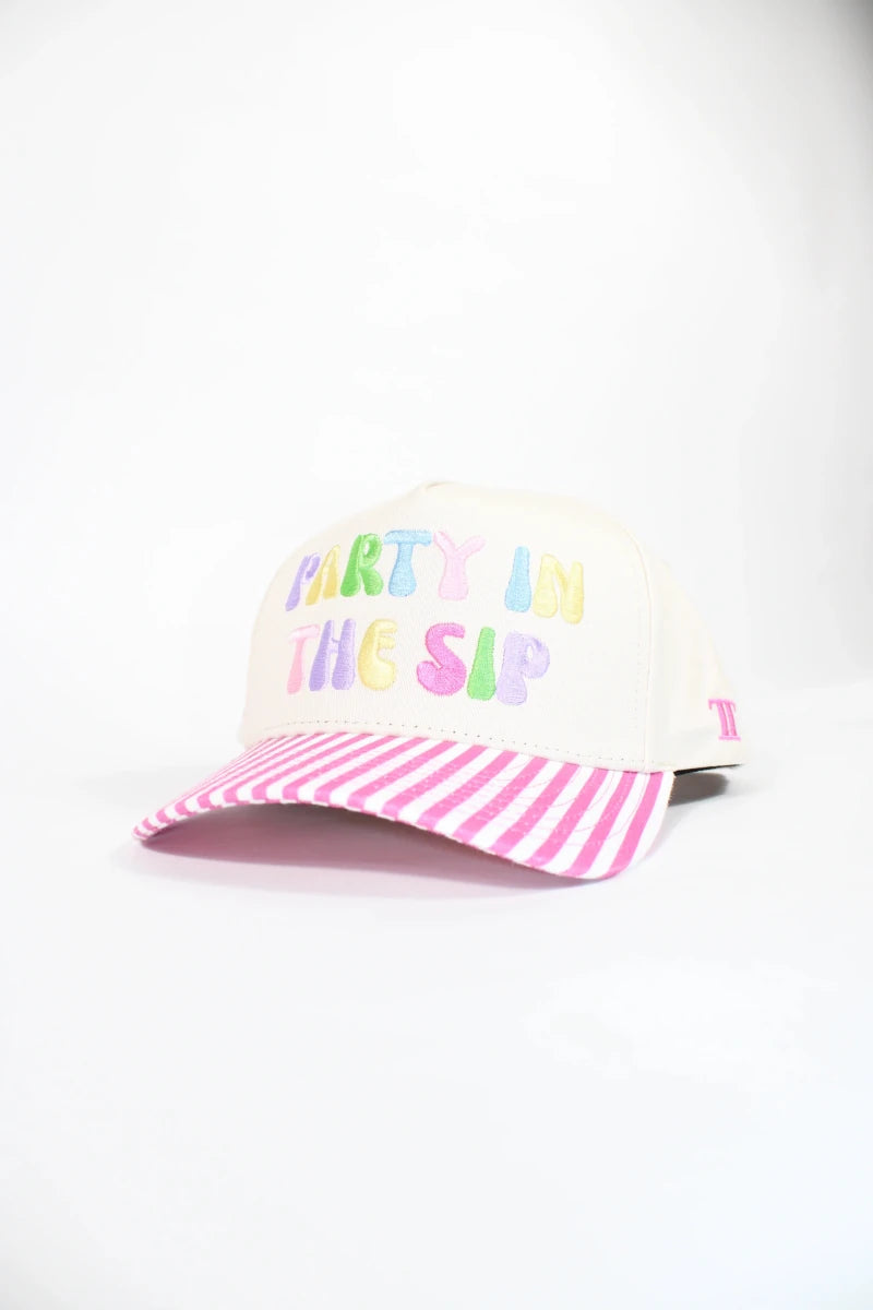 Ole Miss Party in the Sip Pink Stripe Adjustable Hat - Game Day Apparel - Caps Adjustable