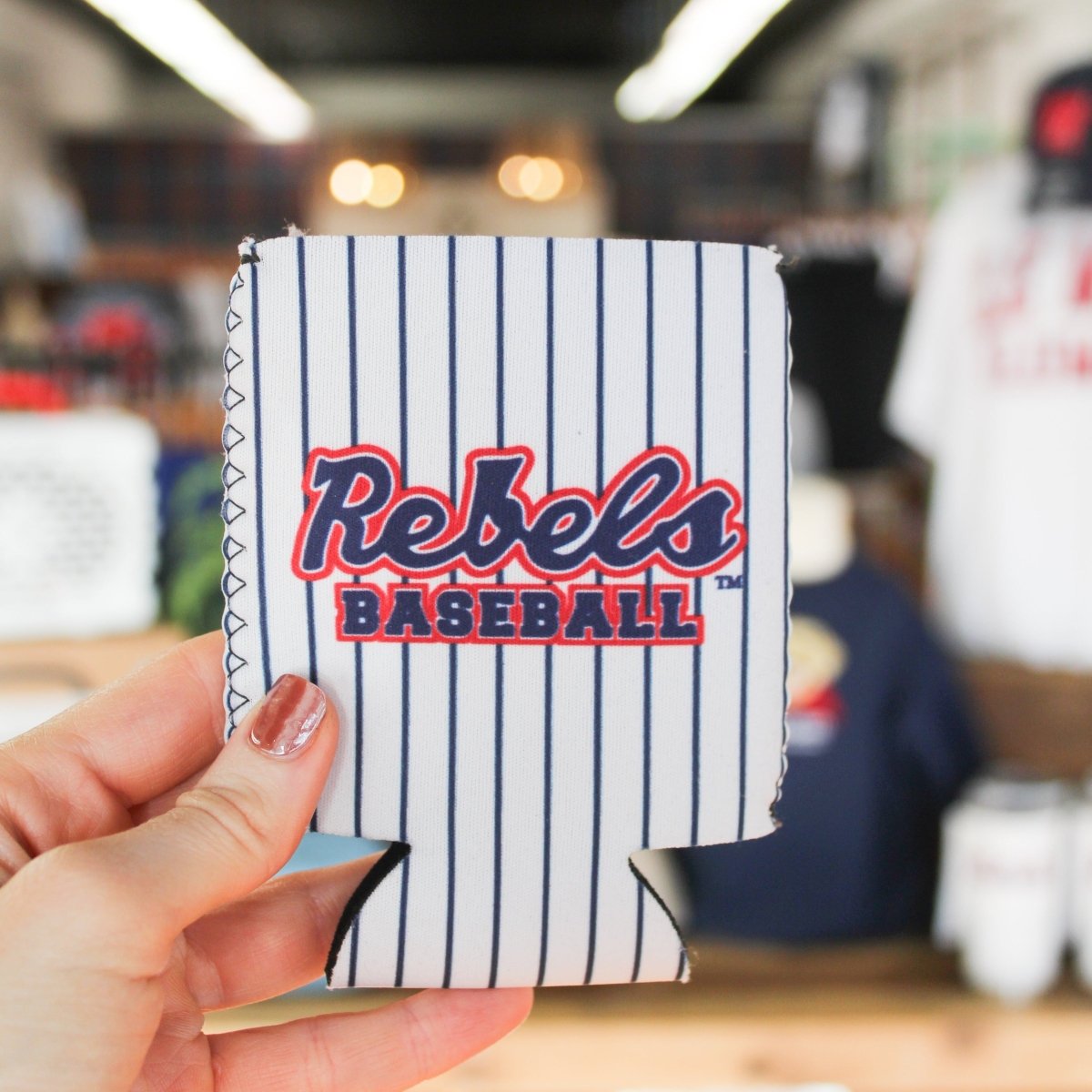 Ole Miss Rebels Baseball Pinstripe Can Cooler - Shop B - Unlimited - novelty drinkware