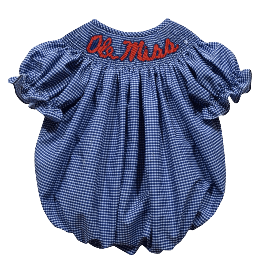 University of Mississippi Ole Miss Smocked Gingham SS Girls Bubble Dress Shop.B Unlimited 24M Navy