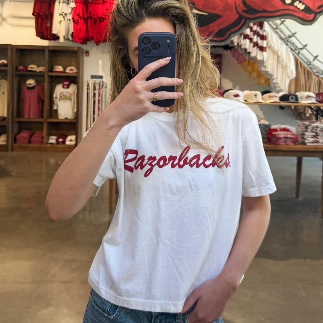 Razorback Script Crop T-Shirt - Game Day Apparel - 