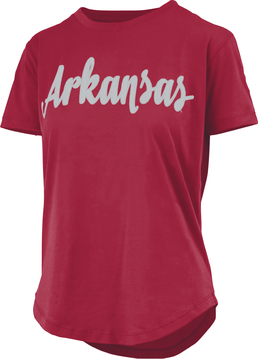 Arkansas Pressbox Script Sequins T-Shirt - Shop B-Unlimited