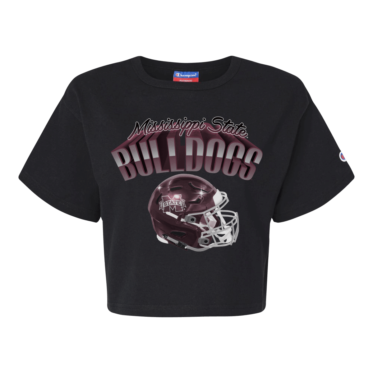 Mississippi State University Glossy Helmet Cropped T-Shirt - Shop B-Unlimited