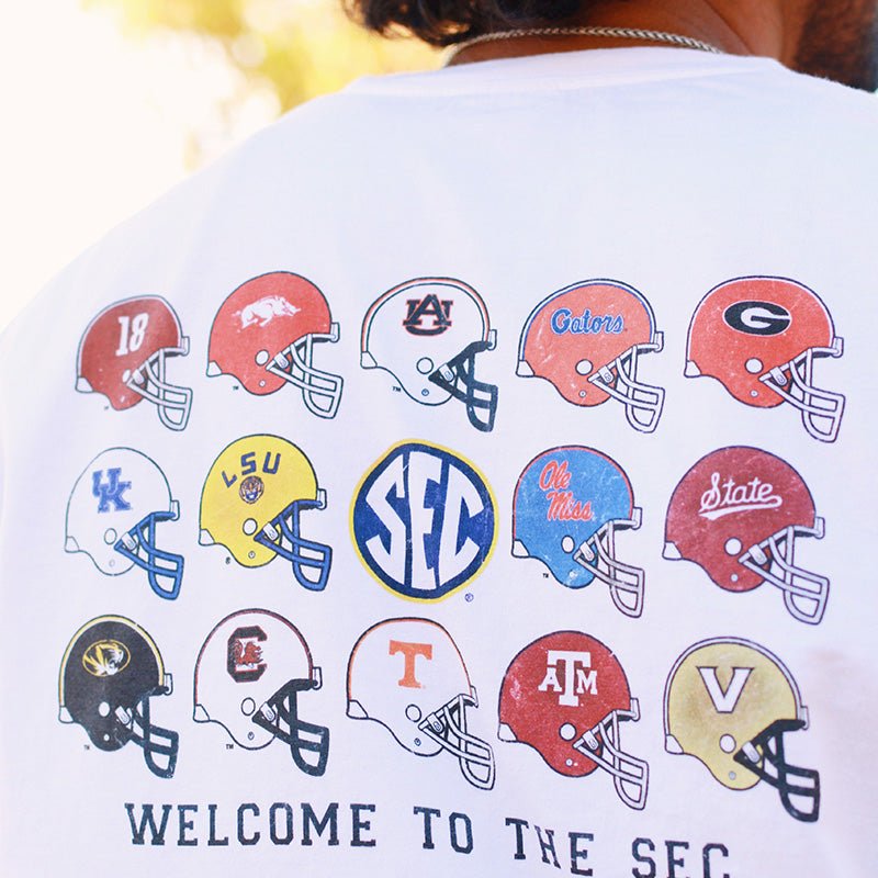 Mississippi State University SEC Football Helmets Pocket T-Shirt - Shop B-Unlimited