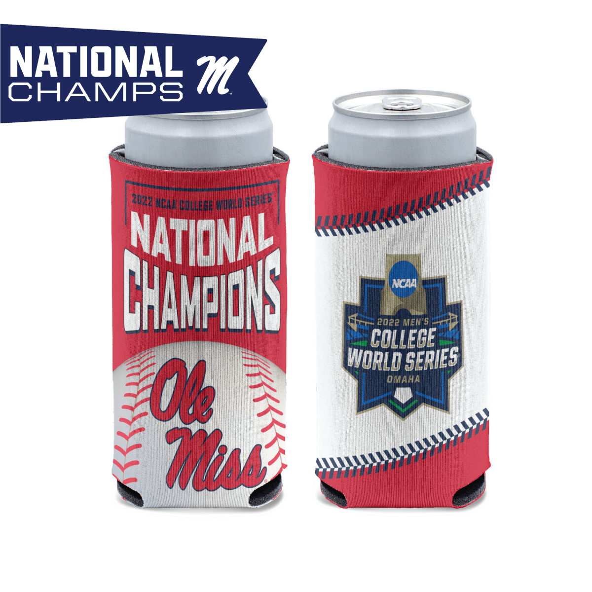 Ole Miss 2022 Baseball Champions Skinny Can Cooler - Shop B - Unlimited - novelty drinkware